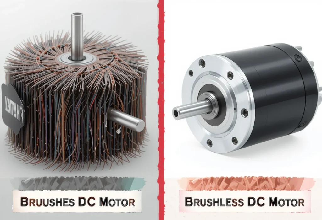 Split-screen graphic comparing brushed and brushless DC motors with labels.