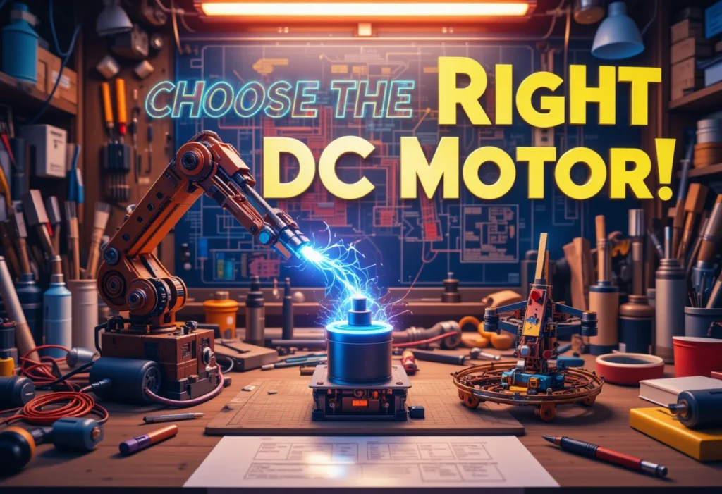 Vibrant illustration of a DC motor powering a robot arm and drone propeller on a DIY workbench with a blueprint and “Choose the Right DC Motor!” text.