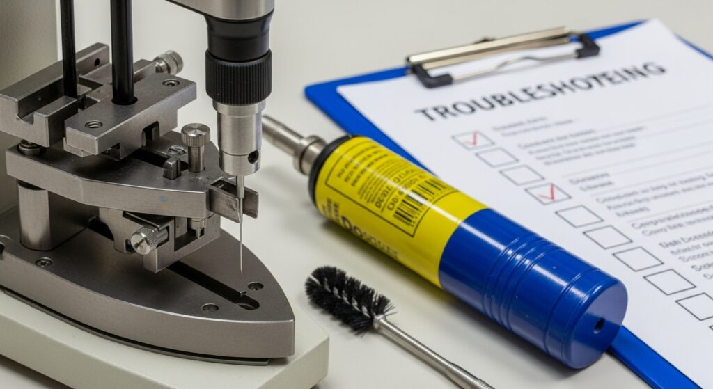Close-up of a moving iron instrument with a stuck needle, placed beside compressed air and brush, with a troubleshooting checklist in the background.