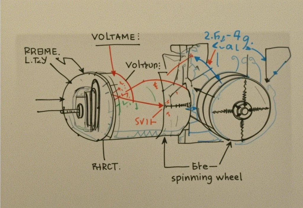 Diagram of a DC motor with labeled specs like voltage, torque, and RPM, connected to a battery and gear.