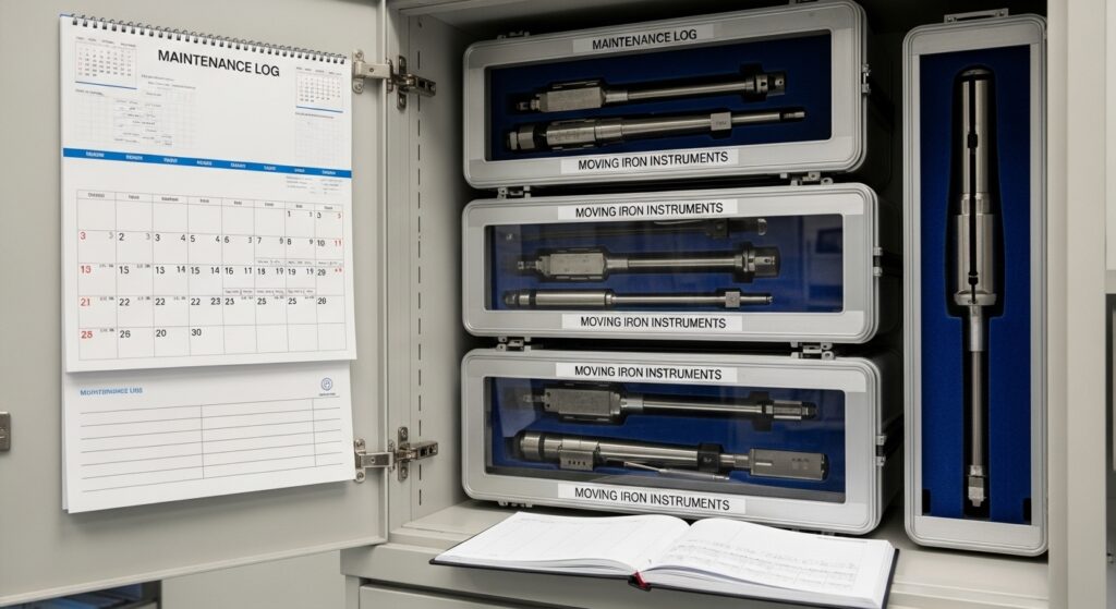 Storage cabinet with labeled moving iron instruments in protective cases, alongside a maintenance logbook and calendar in a lab setting.