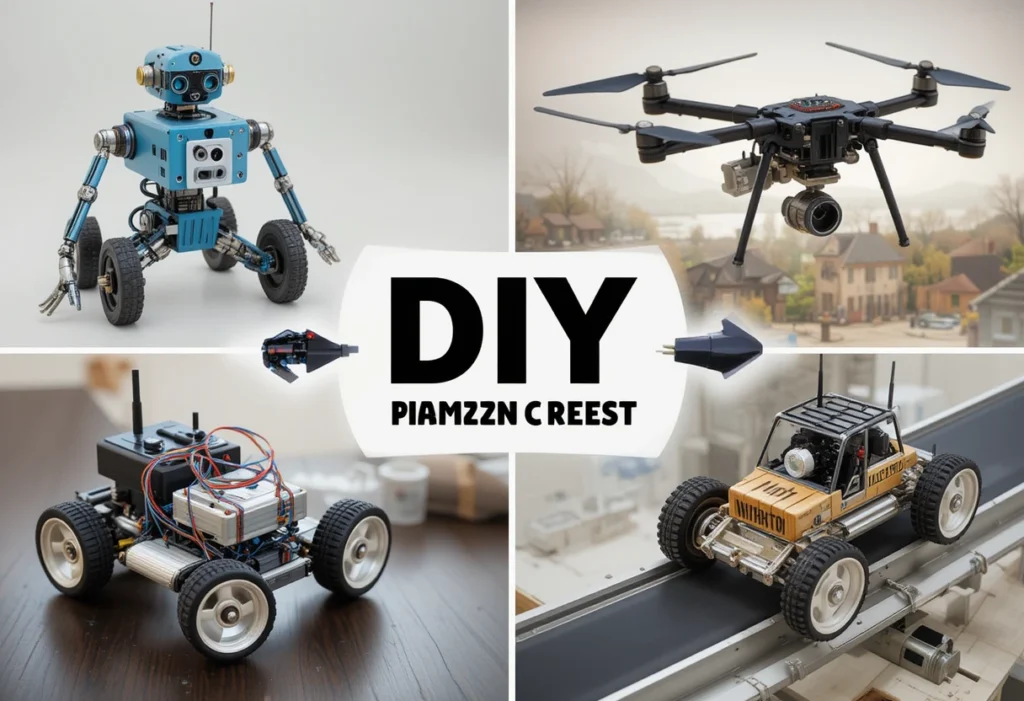 Collage of DIY electronics projects like a robot, drone, and car, each powered by a DC motor.