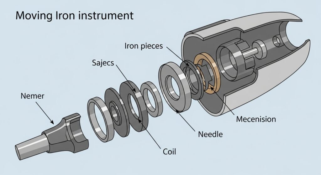 Labeled diagram showing the internal parts of a moving iron instrument, including coil, iron pieces, and needle, on a soft blue background.