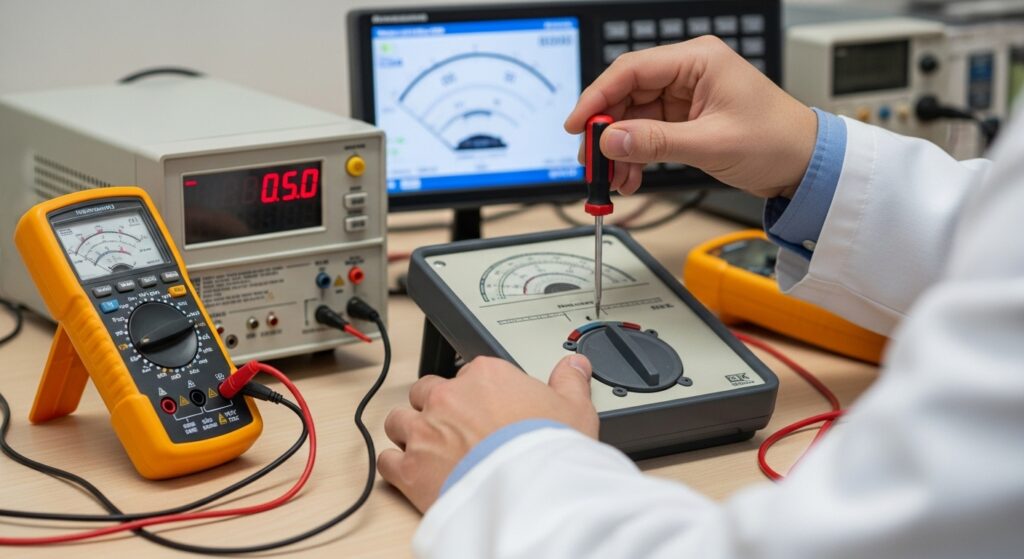 Technician in a lab coat calibrating a moving iron voltmeter using a screwdriver, with a multimeter and power supply on the table.
