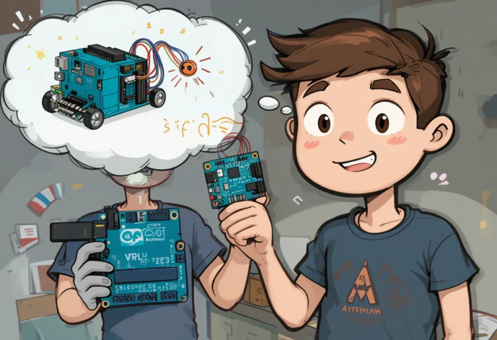 Cartoon of a beginner with a DC motor and Arduino, thinking about a robot project.