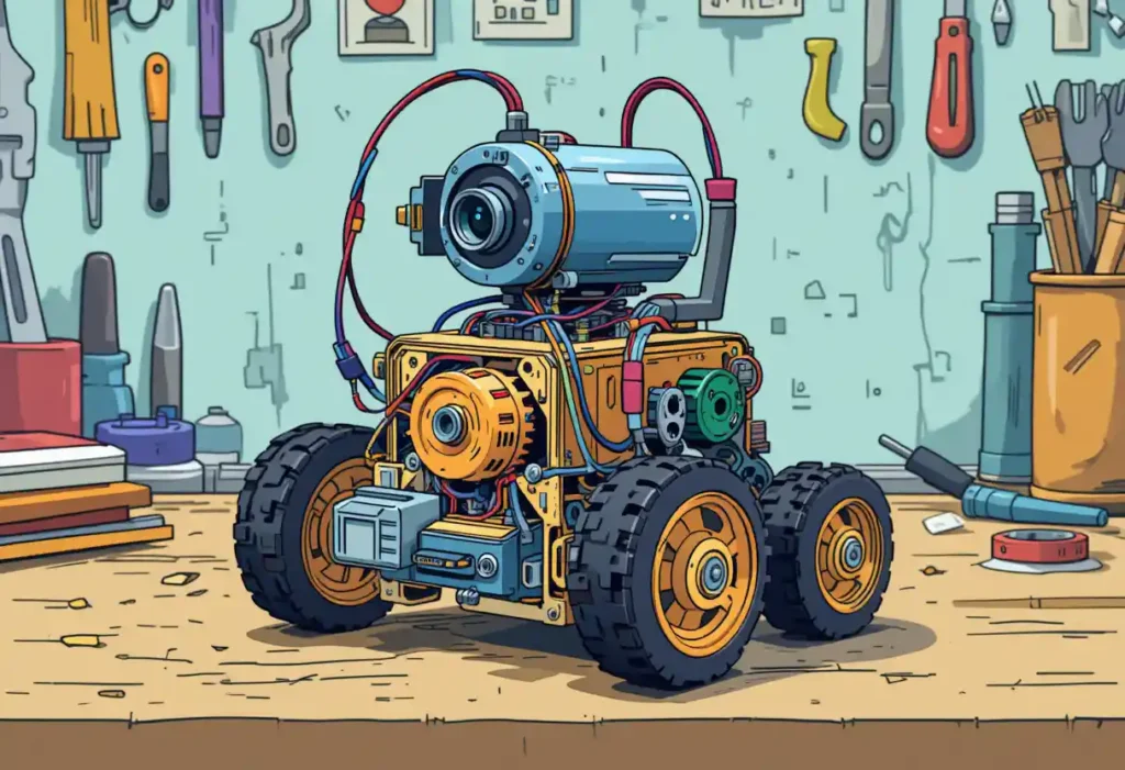 Illustration of a DC motor in a DIY robot on a workbench with tools