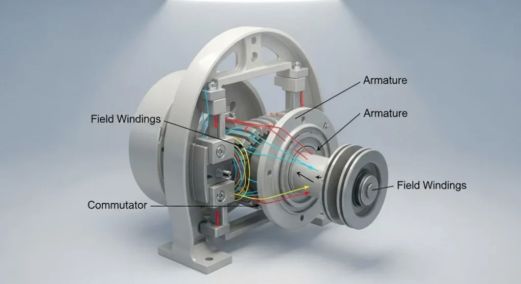 DC Machine types overview showing series, shunt, compound and brushless DC motors with the