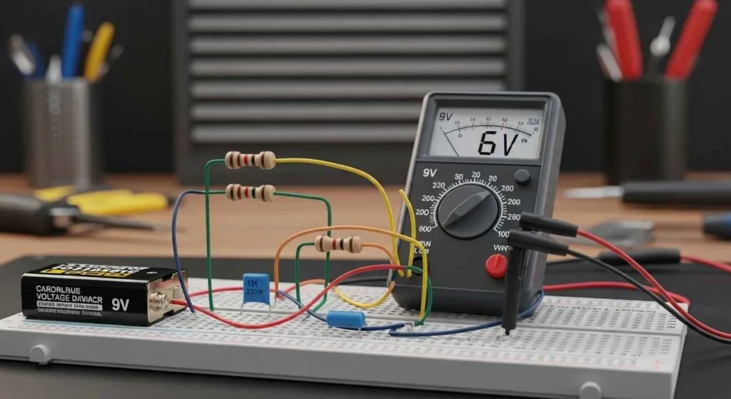 Voltage Divider circuit schematic showing R1, R2, Vin and Vout connections with current fl
