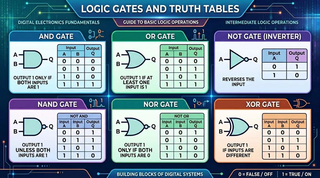 Basic logic gates truth tables   AND, OR, NOT, NAND, NOR, XOR