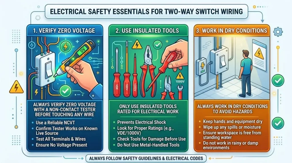 Electrical safety first   turning off breaker, using voltage tester, wearing insulated gloves for two way switch wiring