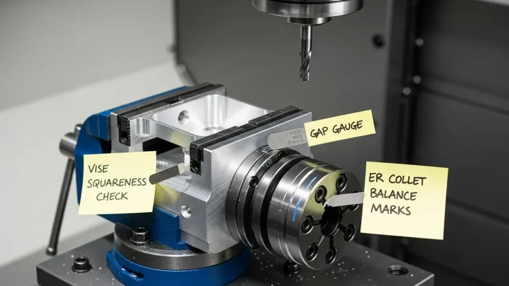 Photo of aluminum pocketing setup, with notes on vise squareness and ER collet balance.webp