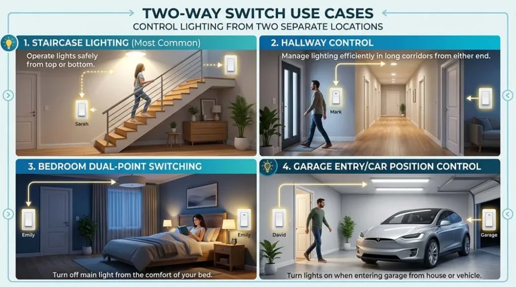 Two way switch use cases   staircase, hallway, bedroom, garage wiring applications