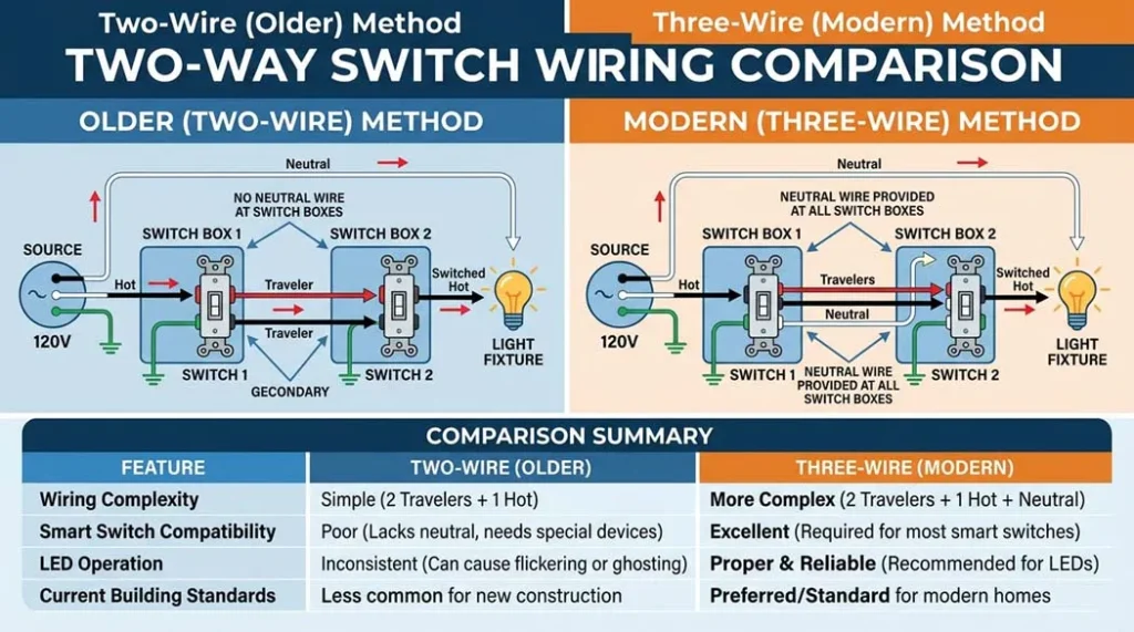 Two wire method two way switch wiring   older installation showing two conductor cable between switch positions