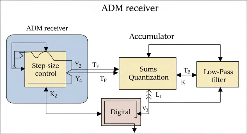 Block diagram of an ADM receiver showing decoding and smoothing processes.