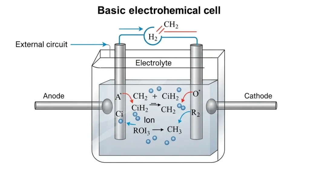 Diagram of a basic electrochemical cell showing anode cathode and electrolyte