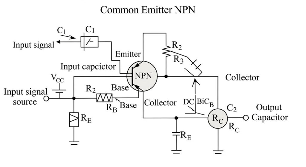 Diagram of an NPN transistor amplifier circuit with input/output capacitors, biasing resistors, and signal path