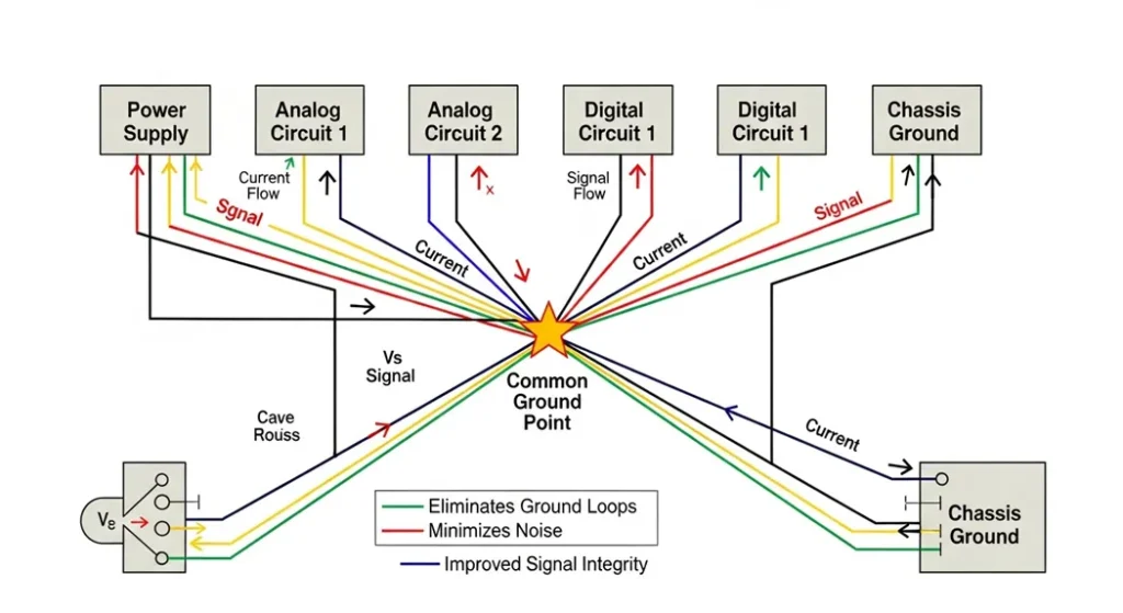 Insert a diagram of star grounding to show the correct setup for minimizing ground loops