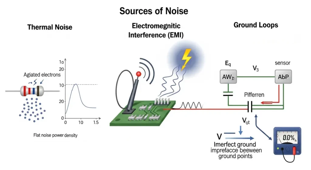 different sources of noise in circuits, such as EMI, thermal noise, and ground loops