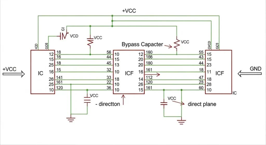 schematic showing where to place bypass capacitors on a typical circuit.