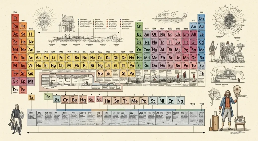 Historical timeline of periodic table development from Lavoisier to element 118