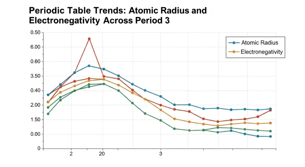 Periodic table trends graph showing atomic radius and electronegativity across Period 3
