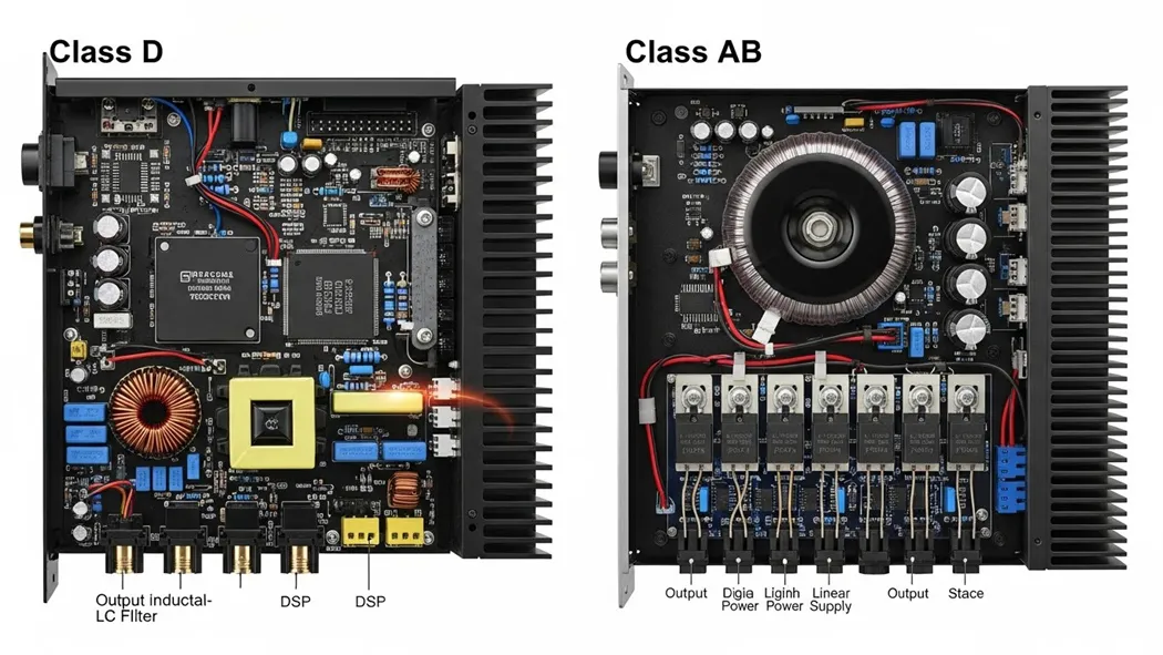 Class D vs Class AB amplifier efficiency comparison