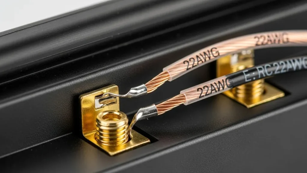 Schematic showing 22AWG wires running from an indoor plug to the back terminals of a video doorbell