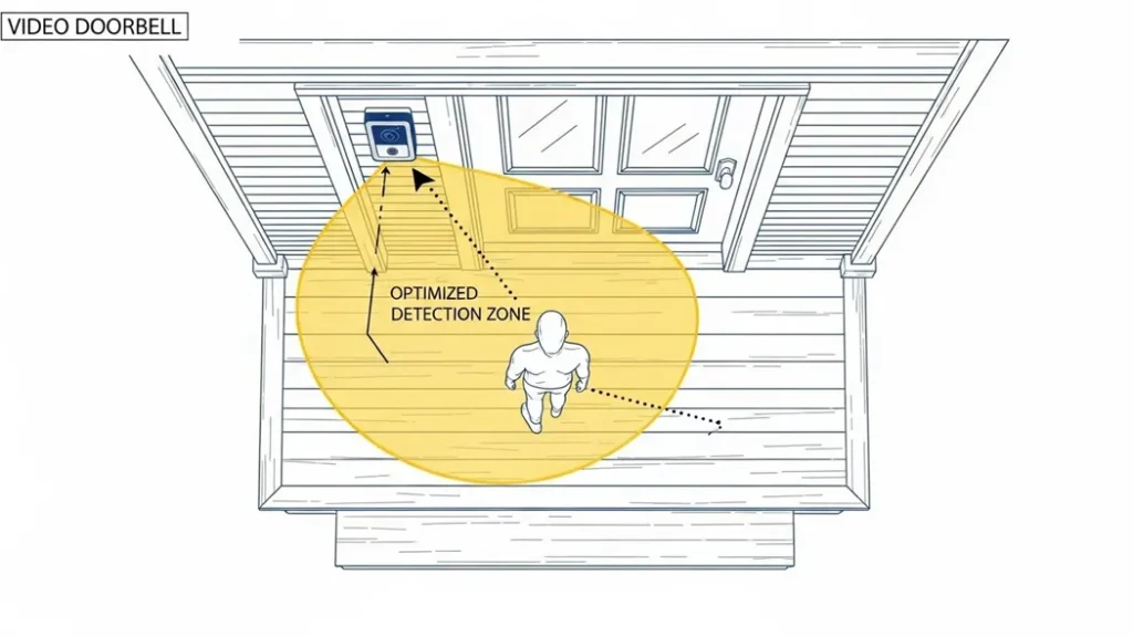 Diagram of a doorbell's Passive Infrared sensor field of view with optimized detection zones