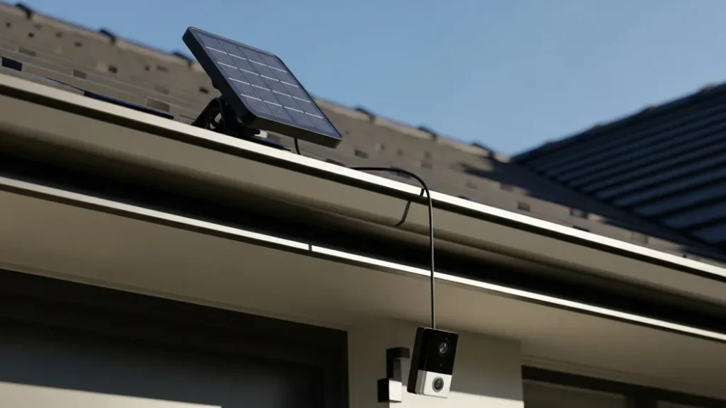 Example of a solar panel mounted on a gutter to trickle charge a smart doorbell.