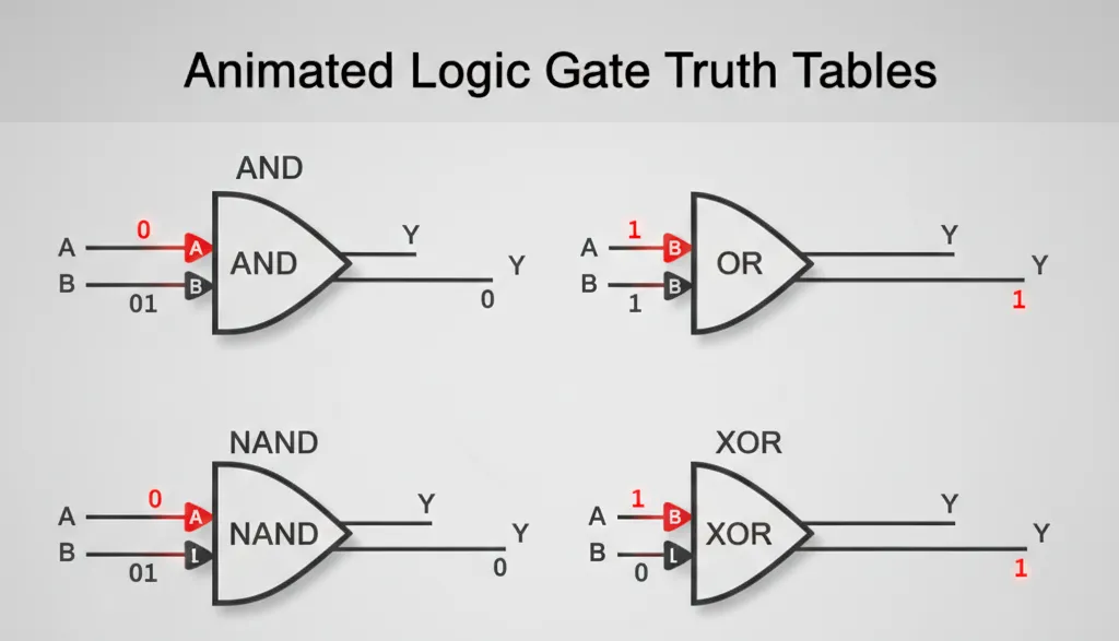 Animated demonstration of AND, OR, NAND, XOR gates showing output changes with different input combinations.