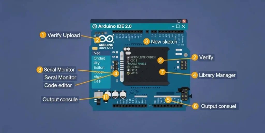 Arduino IDE 2.0 interface screenshot with annotated buttons for verify, upload, serial monitor, library manager, and board selector