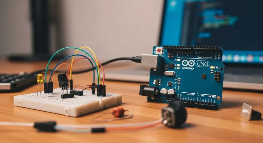 Arduino Uno R4 WiFi board on wooden desk with breadboard and components - Ultimate Arduino Guide 2026