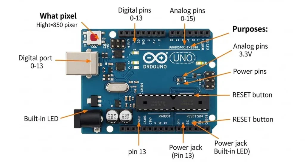 Labeled diagram of Arduino Uno R4 WiFi showing USB-C port, digital pins, analog pins, power pins, microcontroller, and reset button