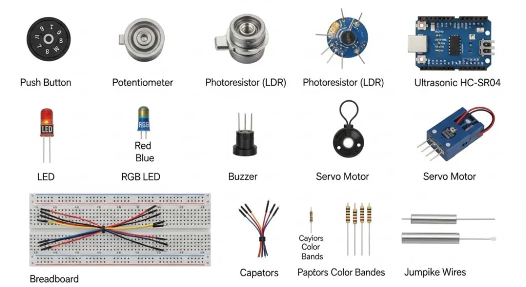 Collage of common Arduino components including sensors, actuators, LEDs, servo motor, breadboard, and jumper wires with labels