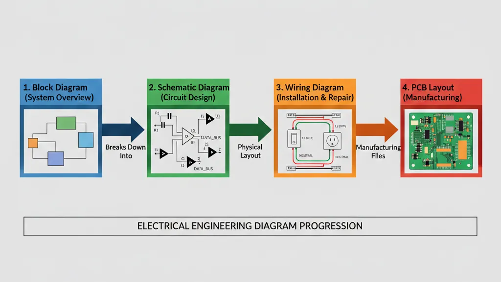 Flowchart showing progression from block diagram to schematic diagram to wiring diagram to PCB layout in circuit design process.
