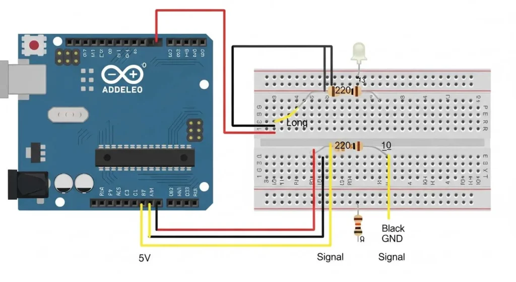 Fritzing-style wiring diagram for Arduino LED blink project showing connections from pin 13 through resistor to LED and GND