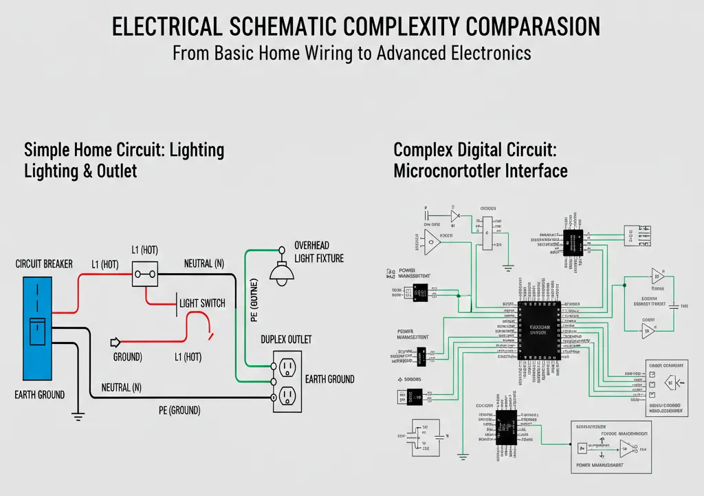 Comparison between basic home lighting circuit schematic and advanced microcontroller interface schematic showing complexity progression.