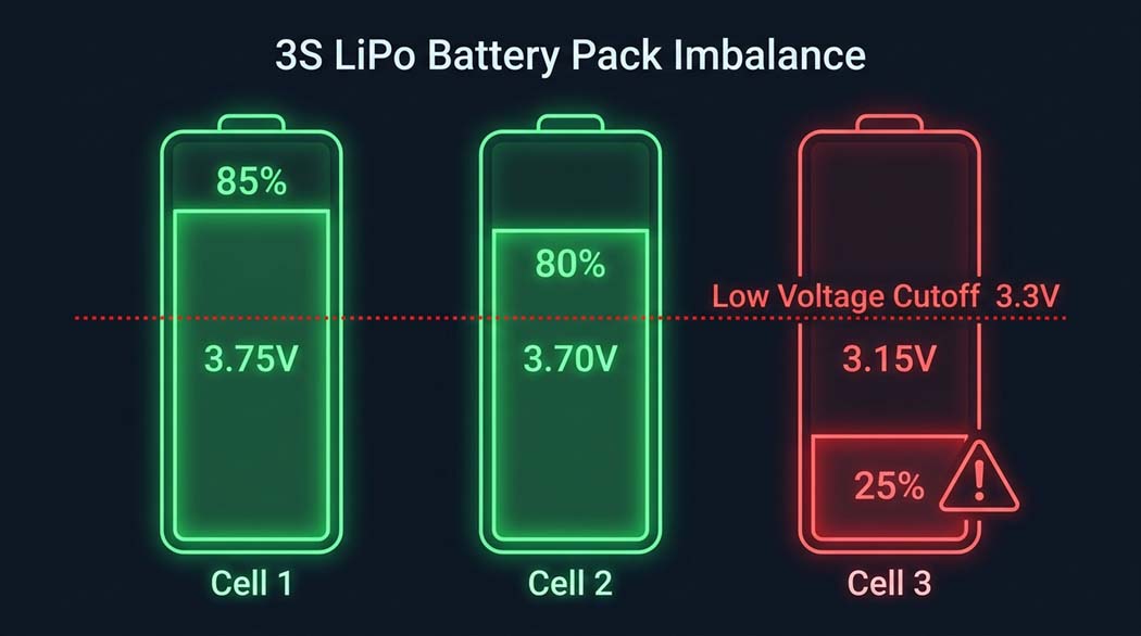 3S LiPo battery pack cell imbalance causing fast drain