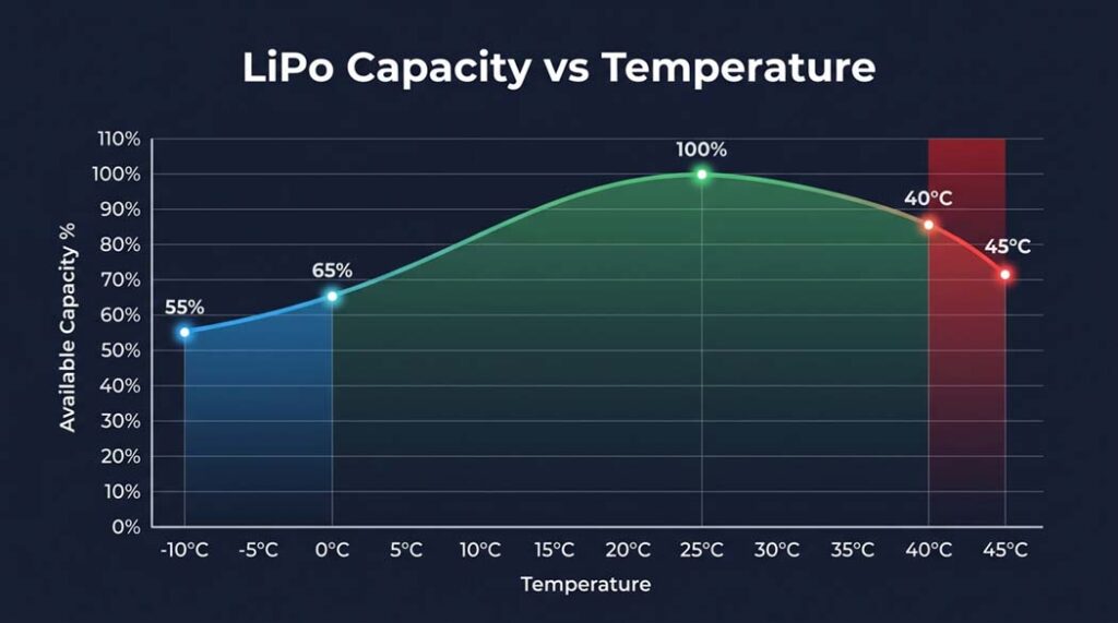 Chart showing LiPo battery capacity percentage at different temperatures from -10°C to 45°C