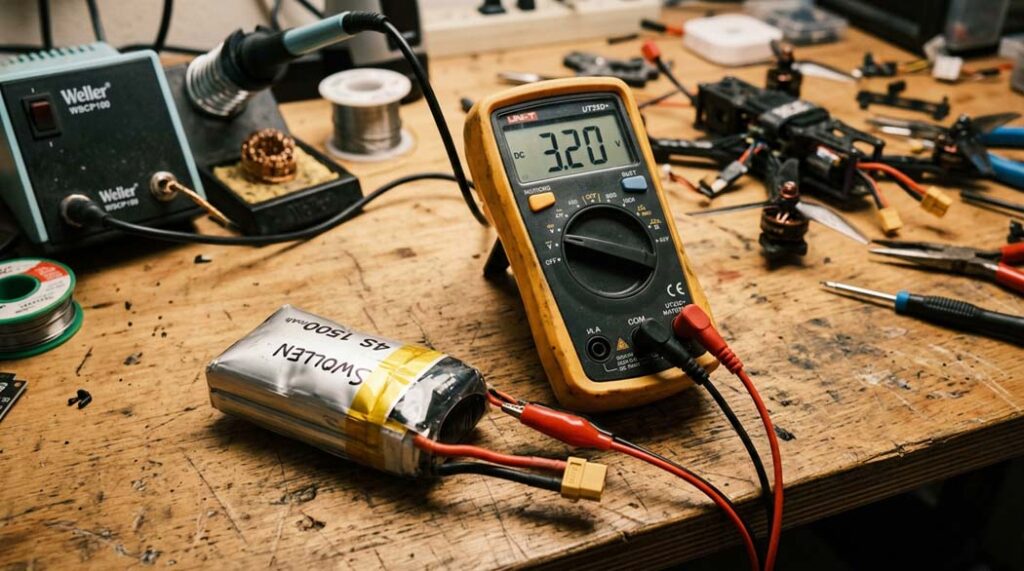 LiPo battery showing full charge indicator but device not powering on — voltage sag problem illustration