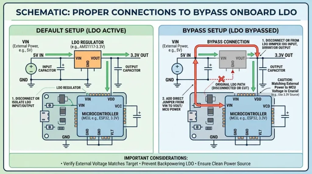 Schematic showing proper connections to bypass onboard LDO