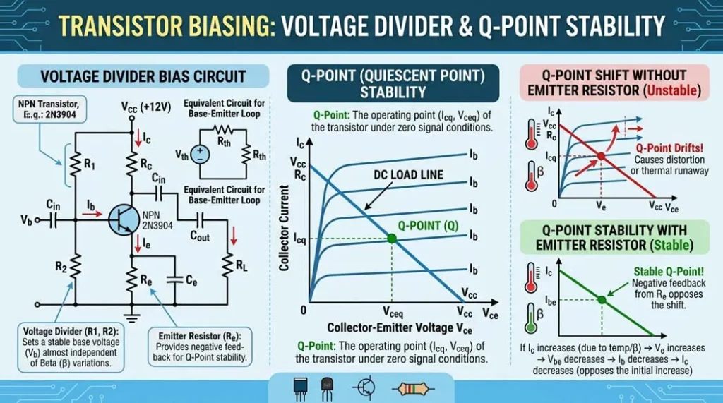 Transistor Biasing Voltage Divider & Q-Point Stability