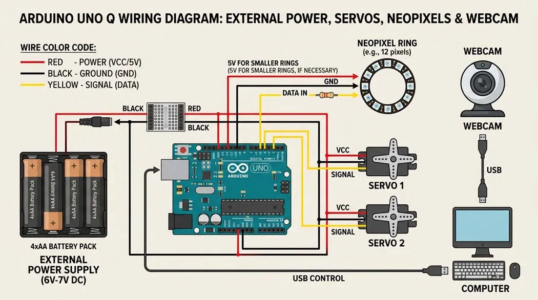 Arduino Uno R4 wiring diagram with external power supply for robotics project